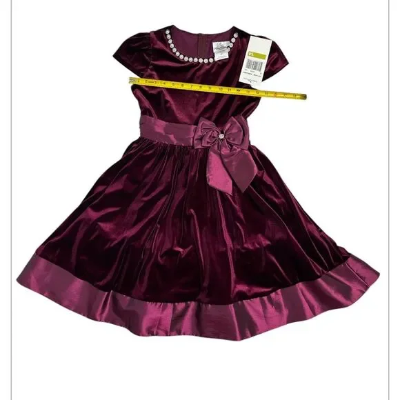 RARE EDITIONS Burgundy Velvet Taffeta‎ Bow Jeweled Holiday Dress Size 14
